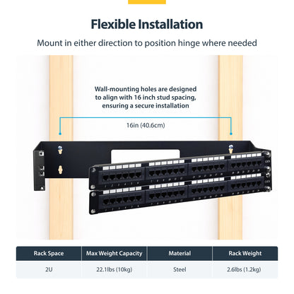 StarTech.com 2U Hinged Wall Mount Patch Panel Bracket - 6 inch Deep - 19" Patch Panel Swing Rack for Shallow Network Equipment- 22lbs
