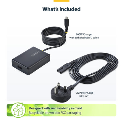 StarTech.com 100W USB-C Laptop Charger with 1.5m Tethered USB-C Cable, Power Adapter Brick for Dell, XPS, HP ProBook, MacBook Pro, Microsoft Surface Pro