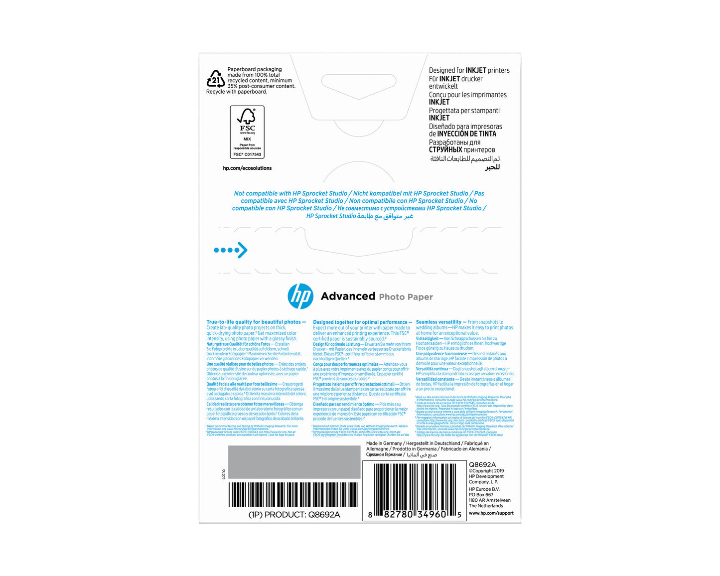 HP Advanced Photo Paper Glossy 250 g/m2 10 x 15 cm (101 x 152 mm) 100 sheets