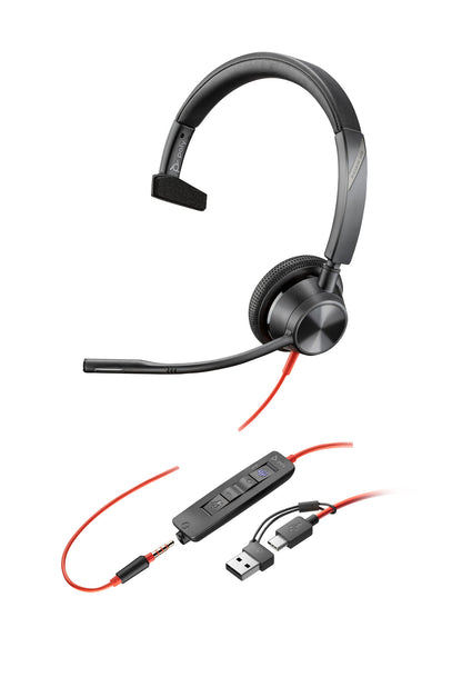 Poly Blackwire 3315 Monaural Microsoft Teams Certified USB-C Headset +3.5mm Plug +USB-C/A Adapter