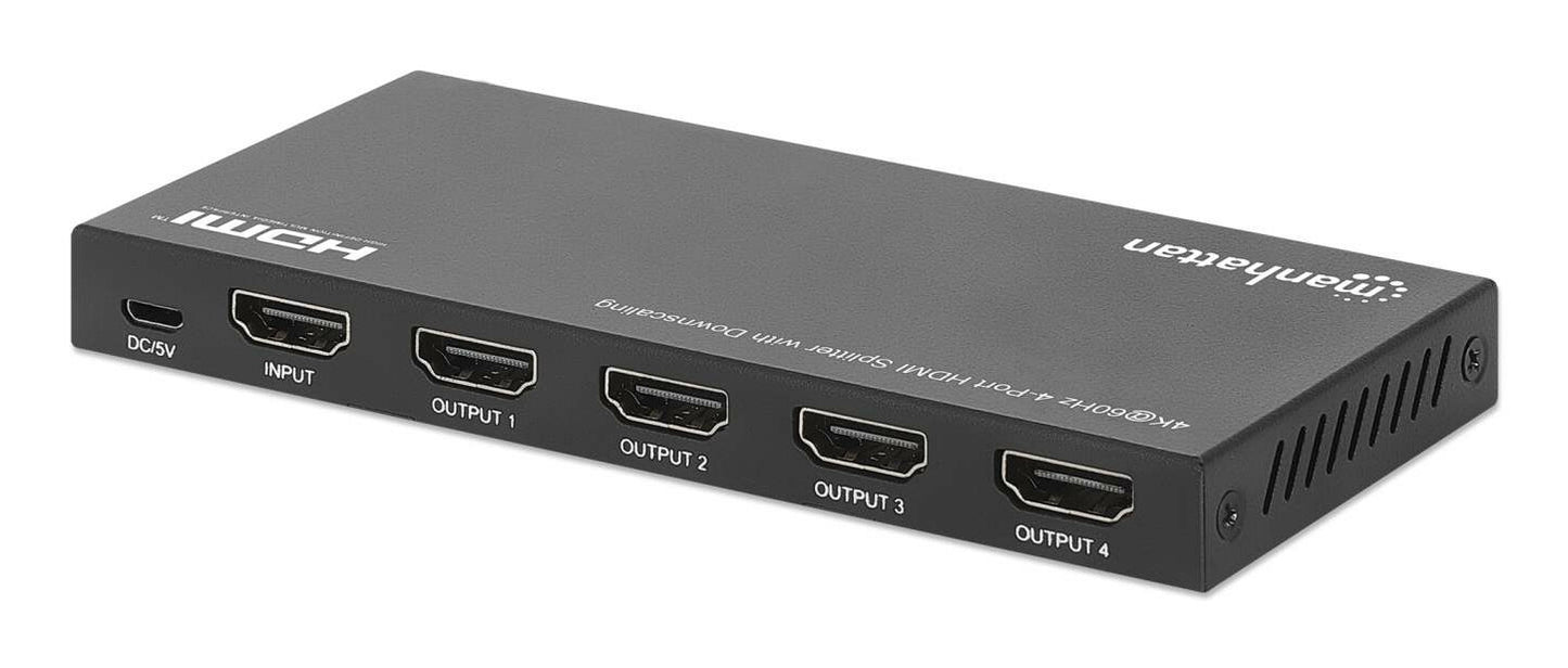 Manhattan HDMI Splitter with downscaling 4-Port , 4K@60Hz, Displays output from x1 HDMI source to x4 HD displays (same output to four displays), Downscale button to adjust a 4K input signal into 1080p, Micro-USB to USB-A power cable included (cable 0.8m),