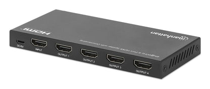 Manhattan HDMI Splitter with downscaling 4-Port , 4K@60Hz, Displays output from x1 HDMI source to x4 HD displays (same output to four displays), Downscale button to adjust a 4K input signal into 1080p, Micro-USB to USB-A power cable included (cable 0.8m),