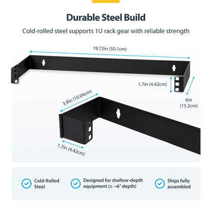 StarTech.com 1U Hinged Wall Mount Patch Panel Bracket - 6 inch Deep - 19" Patch Panel Swing Rack for Shallow Network Equipment- 17lbs