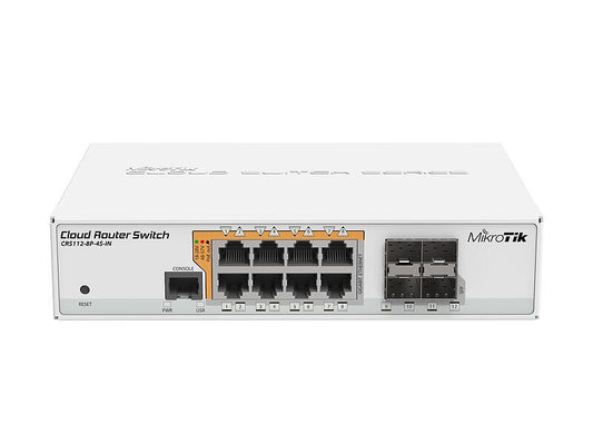 Mikrotik CRS112-8P-4S-IN network switch, 8-port, Power over Ethernet (PoE), white