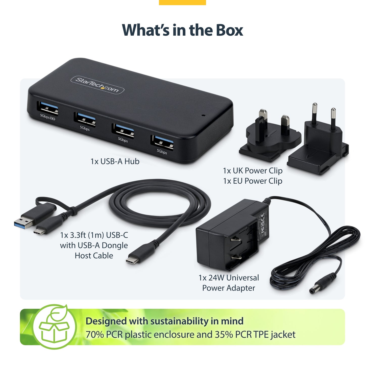 StarTech.com 4-Port USB-A Hub, 5Gbps, Self-Powered, 2-in-1 USB-C and USB-A Host Cable, 1x BC 1.2 Charging Port, 24W Power Adapter Included, MacBook and Windows