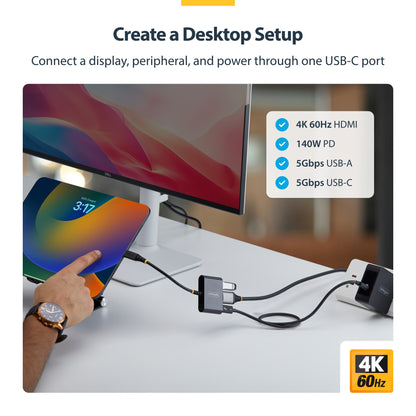StarTech.com USB-C to HDMI Multiport Adapter with 140W PD Charging, 4K 60Hz HDMI, USB 5Gbps Hub, Mini Dock For MacBook / Dell / Thinkpad / HP / iPad / Tablets