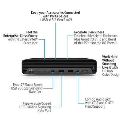 HP Elite 800 G9 Intel® Core™ i5 i5-12500T 8 GB DDR5-SDRAM 256 GB SSD Windows 11 Pro Mini PC Black
