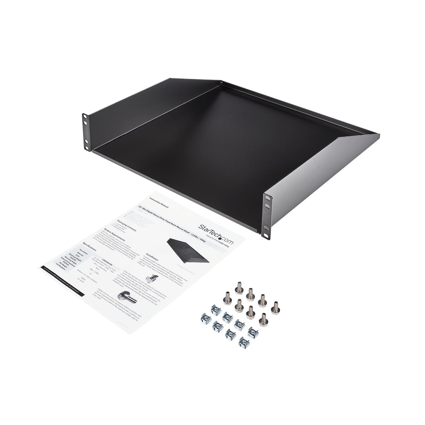 StarTech.com 2U Server Rack Shelf - Universal Rack Mount Cantilever Shelf for 19" Network Equipment Rack & Cabinet - Heavy Duty Steel – Weight Capacity 125lb/56kg - 18" Deep Tray, Black