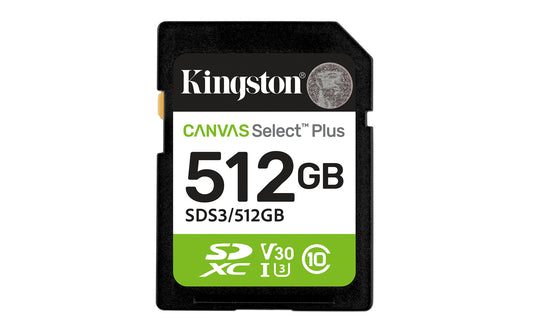 Kingston Technology 512GB SDXC Canvas Select Plus Gen 3 150MB/s C10 UHS-I U3 V30 memory card, Class 10