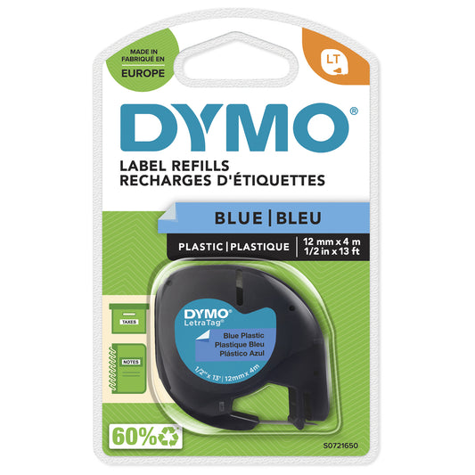 DYMO Branded LetraTag Plastic Labels | 12 mm x 4 m Roll | Black Print on Blue Labels | MultipurposeSelf-Adhesive Labels for LetraTag Label Makers