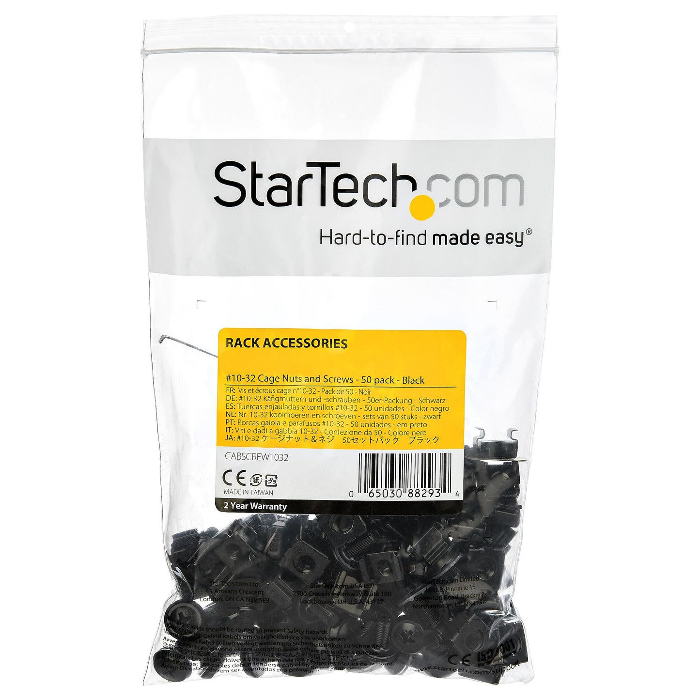StarTech.com 50 Pack 10-32 Server Rack Cage Nuts and Screws w/Washers - Rack Mount Hardware Kit - Network/IT Equipment Cabinet Clip/Captive Nuts & Bolts for Square Holes - Black - TAA