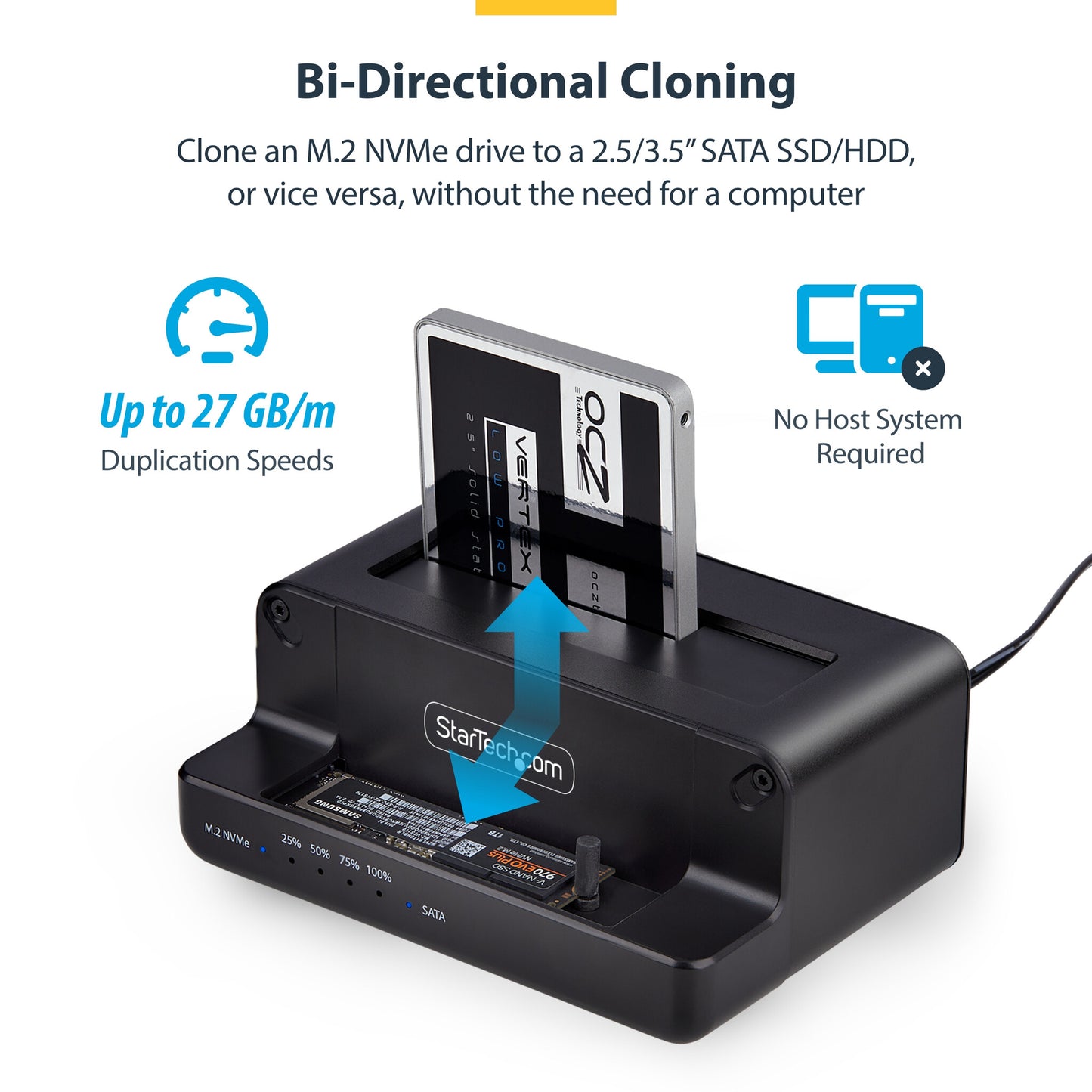 StarTech.com M.2 NVMe to 2.5/3.5" SATA Drive Duplicator, Dual Bay Standalone SSD Cloner/Drive Dock, Bidirectional NVMe to SATA / SATA to NVMe, Up to 27GBpm, TAA