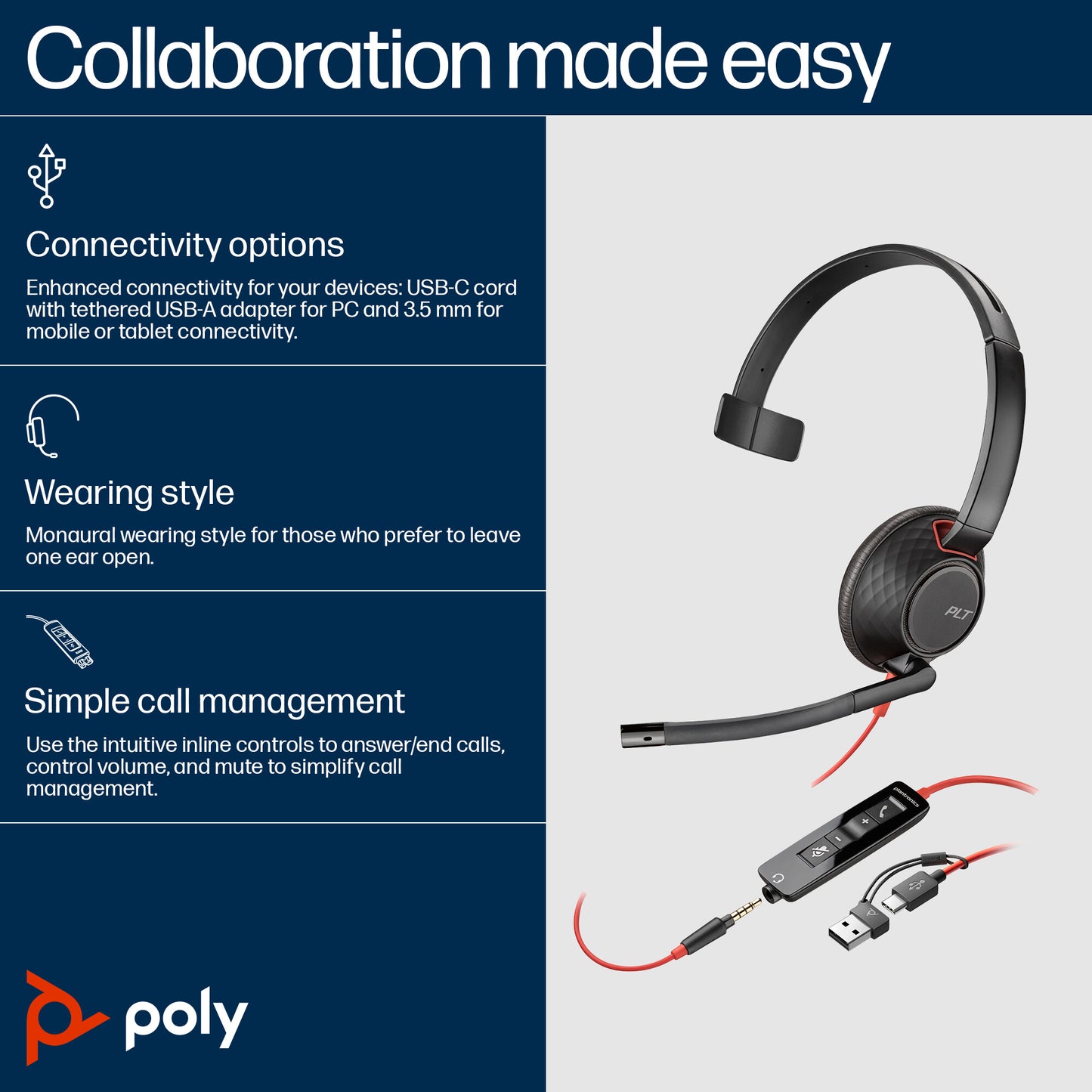 HP Poly Blackwire 5210 Monaural USB-C Headset +3.5mm Plug +USB-C/A Adapter