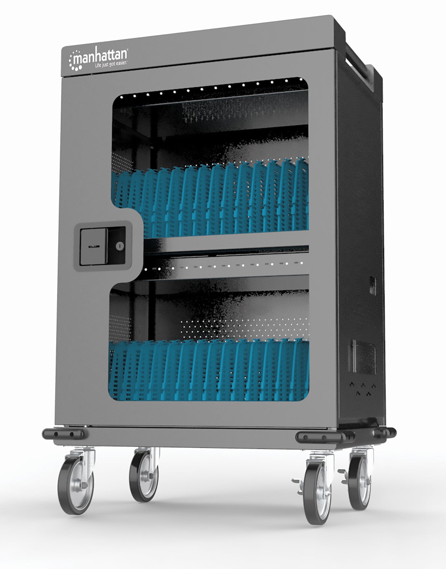 Manhattan iPad to 13", MacBook Air to 15" & Chromebook 15.6" 32-bay Charging Trolley/Cart via USB-C, Also other tablets/smartphones (with device to USB-C cable), Bays 404x27.6x283mm,Device charging cables not included (suggest USB-C cable 354868),Cabinet