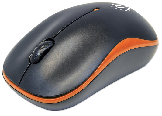 Manhattan Success Wireless Mouse, Black/Orange, 1000dpi, 2.4Ghz (up to 10m), USB, Optical, Three Button with Scroll Wheel, USB micro receiver, AA battery (included), Low friction base, Three Year Warranty, Blister