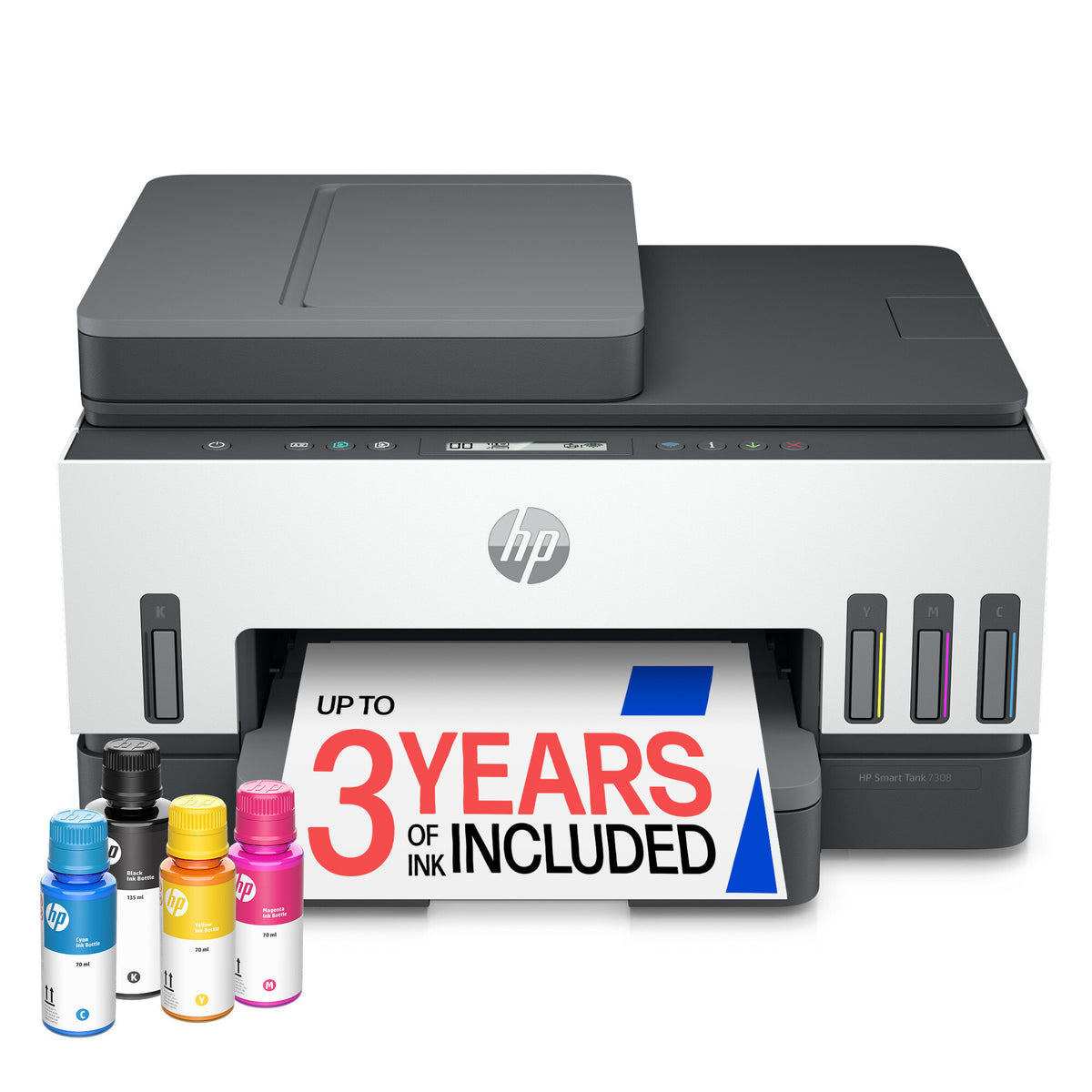 HP Smart Tank 7308 Wireless All-in-One Color Printer, Up to 2 Years of ink included; Two-sided printing; Copier, Scanner