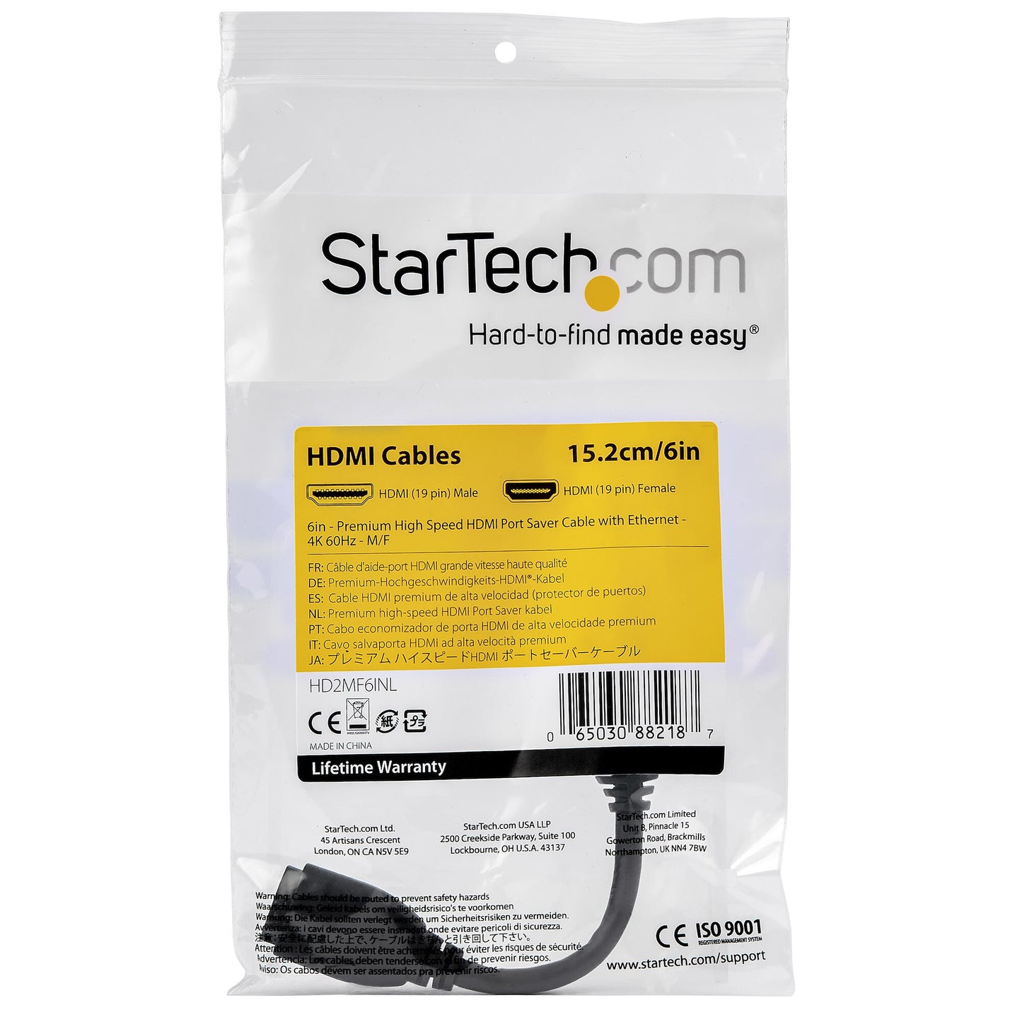 StarTech.com 6" (15cm) HDMI Port Saver Cable - 4K 60Hz High Speed HDMI 2.0 Extension Cable with Ethernet - Short HDMI Extension Cable - HDMI Male to Female Extension Adapter Cord