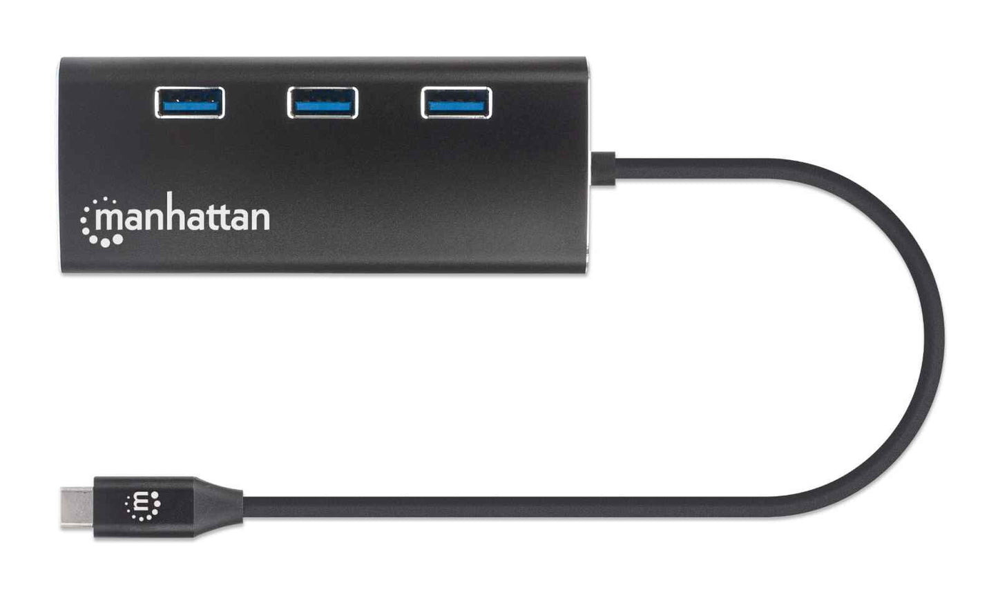Manhattan USB-C Dock/Hub with Card Reader, Ports (x6): Ethernet, HDMI, USB-A (x3) and USB-C, With Power Delivery (100W) to USB-C Port (Note additional USB-C wall charger and USB-C cable needed), Equivalent to DKT30CSDHPD3, Aluminium, Black, 3 Year Warrant