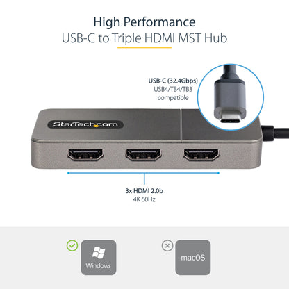 StarTech.com 3-Port USB-C Multi-Monitor Adapter, USB Type-C to 3x HDMI MST Hub, Triple 4K 60Hz HDMI Laptop Display Extender / Splitter, HDR, Extra-Long Built-In Cable - Windows Only