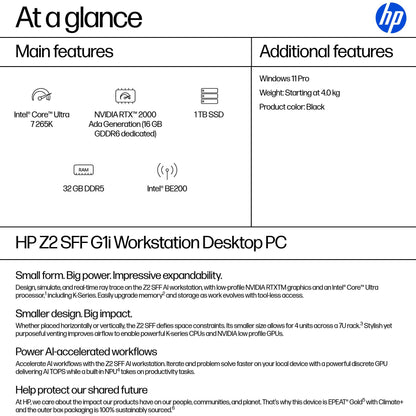 HP Z2 SFF G1i Intel Core Ultra 7 265K 32 GB DDR5-SDRAM 1 TB SSD NVIDIA RTX 2000 Ada Windows 11 Pro Workstation AI Workstation, AI PC Black