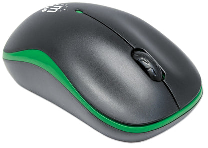 Manhattan Success Wireless Mouse, Black/Green, 1000dpi, 2.4Ghz (up to 10m), USB, Optical, Three Button with Scroll Wheel, USB micro receiver, AA battery (included), Low friction base, Three Year Warranty, Blister