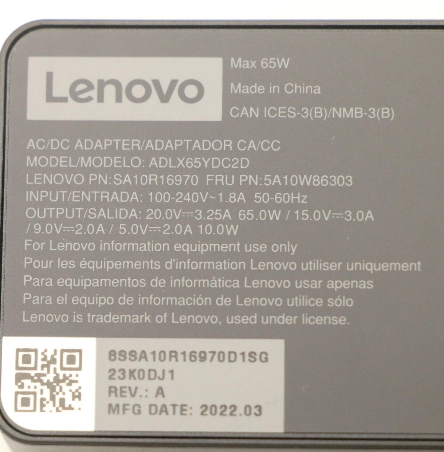 Lenovo 5A10W86303 power adapter/inverter Indoor 65 W Black