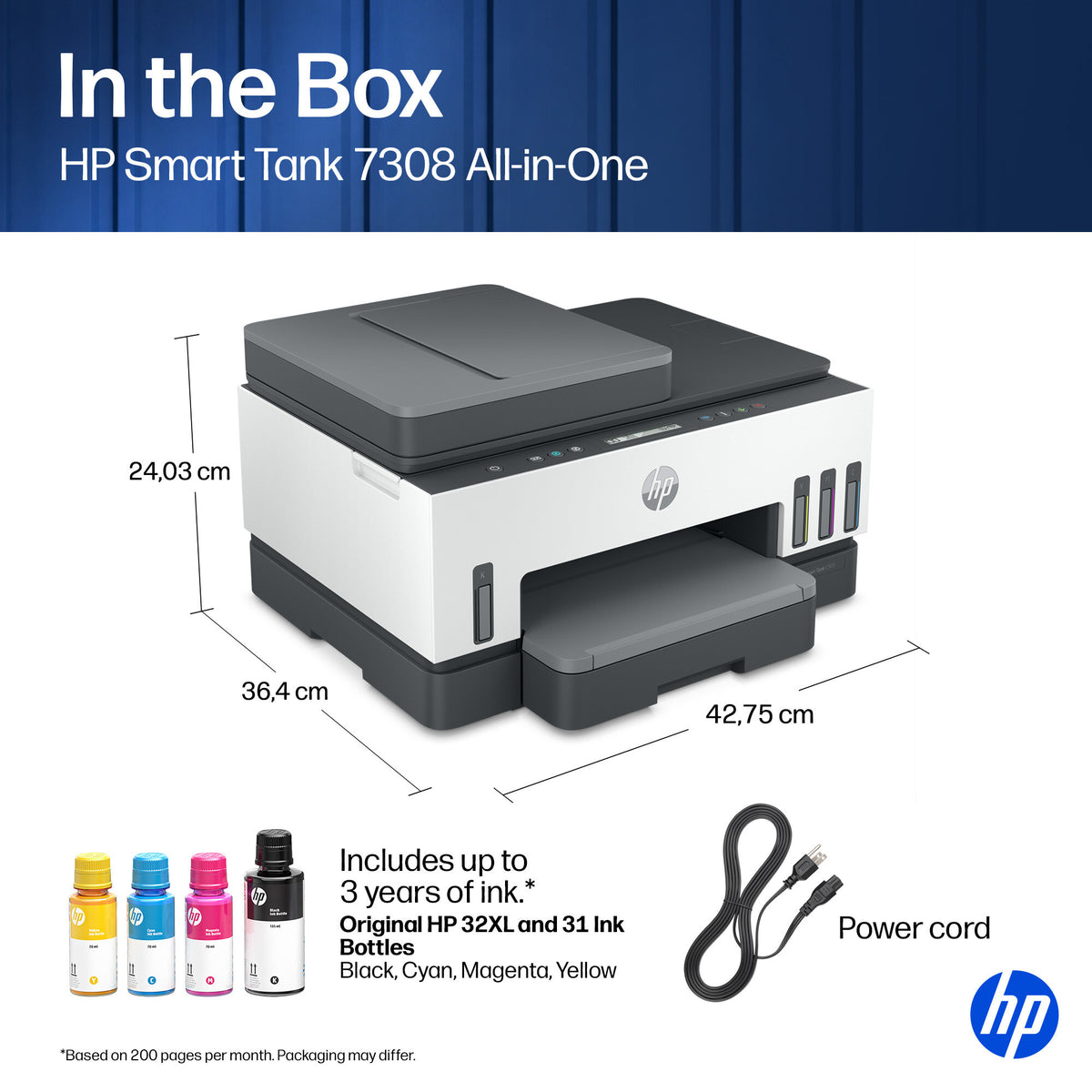 HP Smart Tank 7308 Wireless All-in-One Color Printer, Up to 2 Years of ink included; Two-sided printing; Copier, Scanner