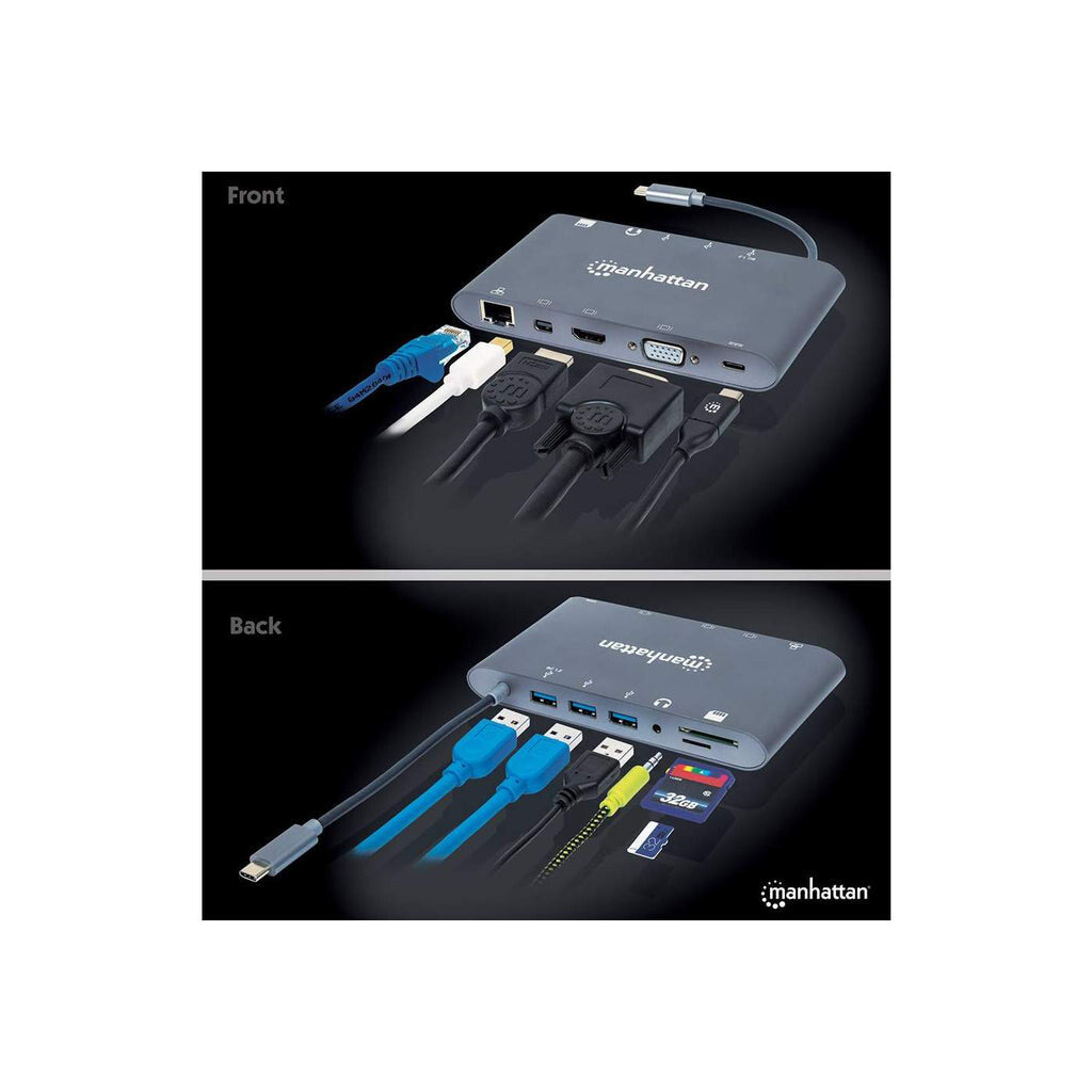 Manhattan USB-C Dock/Hub with Card Reader, Ports (x8): HDMI, Audio 3.5mm, Ethernet, Mini DisplayPort, USB-A (x3) and USB-C, With Power Delivery (60W) to USB-C Port (Note add USB-C wall charger and USB-C cable needed), All Ports can be used at the same tim