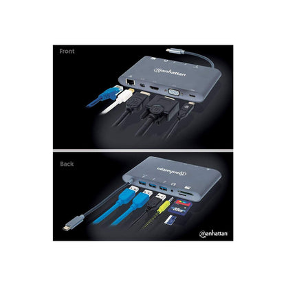 Manhattan USB-C Dock/Hub with Card Reader, Ports (x8): HDMI, Audio 3.5mm, Ethernet, Mini DisplayPort, USB-A (x3) and USB-C, With Power Delivery (60W) to USB-C Port (Note add USB-C wall charger and USB-C cable needed), All Ports can be used at the same tim