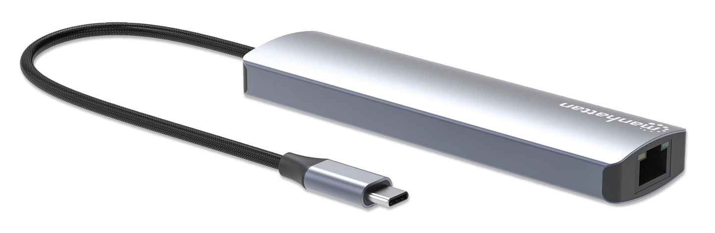 Manhattan USB-C Dock/Hub, Ports (x6): Ethernet, HDMI, USB-A (x3) and USB-C, with Power Delivery (PD) 100W- requires external USB-C charger (not included). USB powered (no external power supply required) when PD is not in use