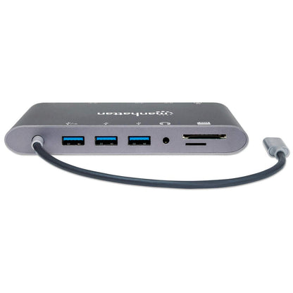 Manhattan USB-C Dock/Hub with Card Reader, Ports (x8): HDMI, Audio 3.5mm, Ethernet, Mini DisplayPort, USB-A (x3) and USB-C, With Power Delivery (60W) to USB-C Port (Note add USB-C wall charger and USB-C cable needed), All Ports can be used at the same tim