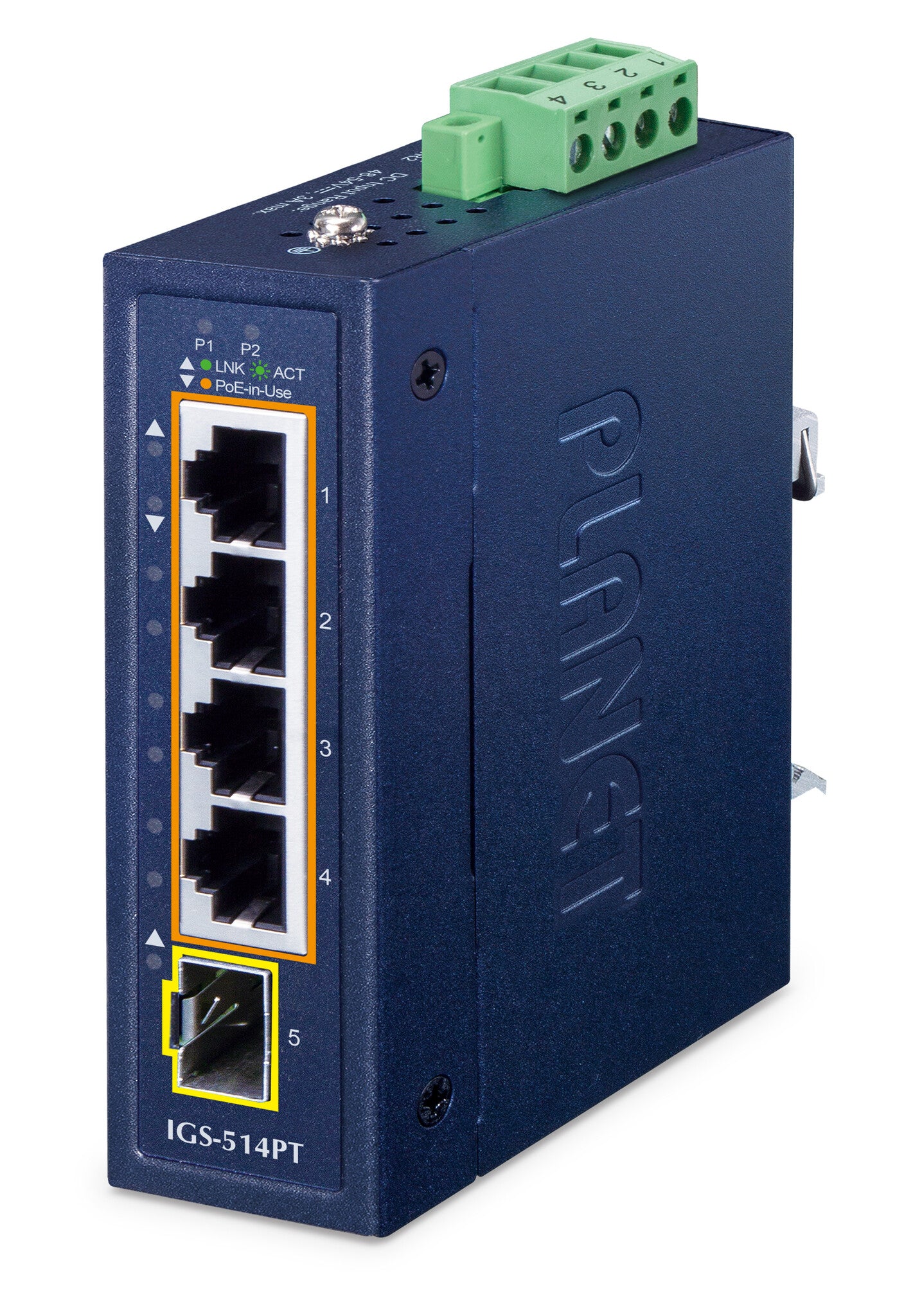 PLANET IP30 Compact size 4-Port IGS-514PT Unmanaged Gigabit Ethernet (10/100/1000) Power over Ethernet (PoE) Blue