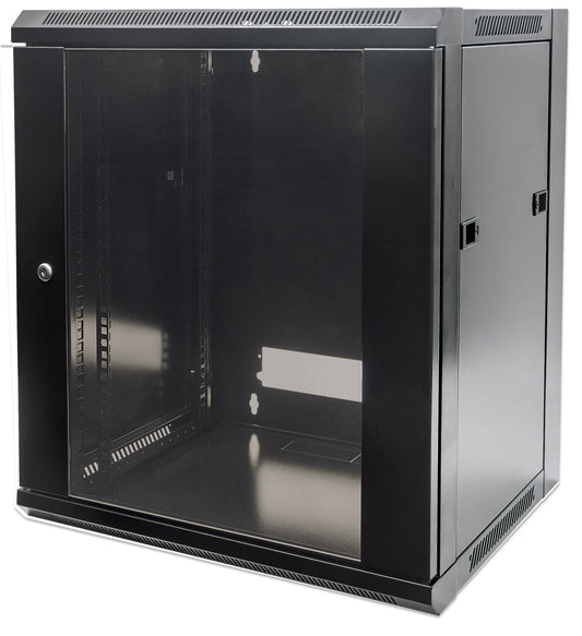 Intellinet Network Cabinet, Wall Mount (Standard), 15U, Usable Depth 260mm/Width 510mm, Black, Flatpack, Max 60kg, Metal & Glass Door, Back Panel, Removeable Sides,Suitable also for use on desk or floor, 19",Parts for wall install (eg screws/rawl plugs) n