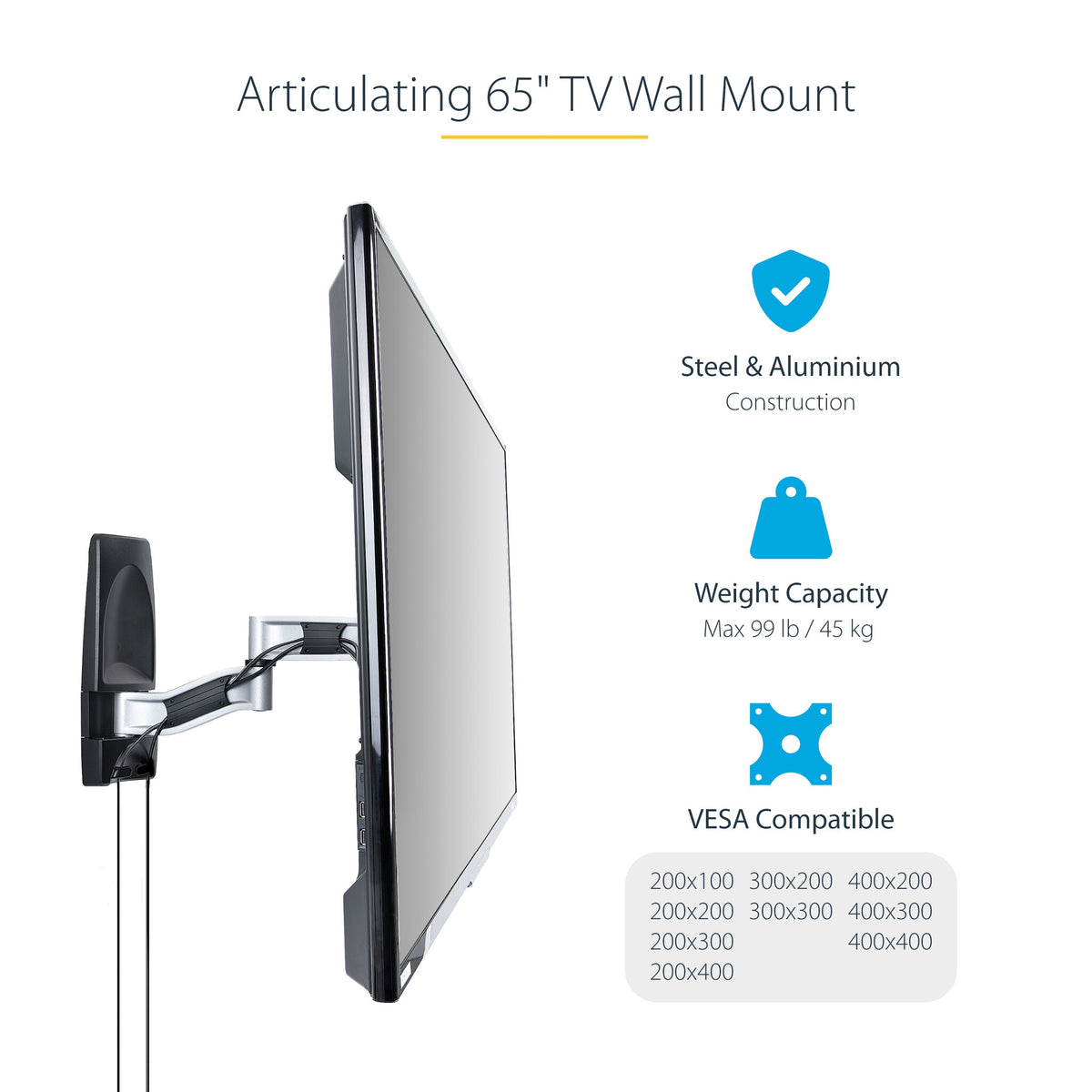 StarTech.com Articulating TV Wall Mount, VESA Wall Mount, Supports 26 to 65 inch/99lb/Flat/Curved TVs, Retractable Low Profile Wall Mount TV Bracket, Adjustable Corner TV Wall Mount - TAA