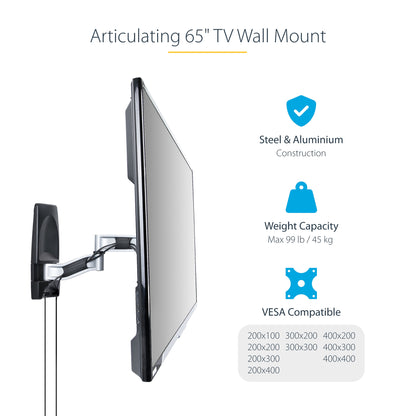 StarTech.com Articulating TV Wall Mount, VESA Wall Mount, Supports 26 to 65 inch/99lb/Flat/Curved TVs, Retractable Low Profile Wall Mount TV Bracket, Adjustable Corner TV Wall Mount - TAA
