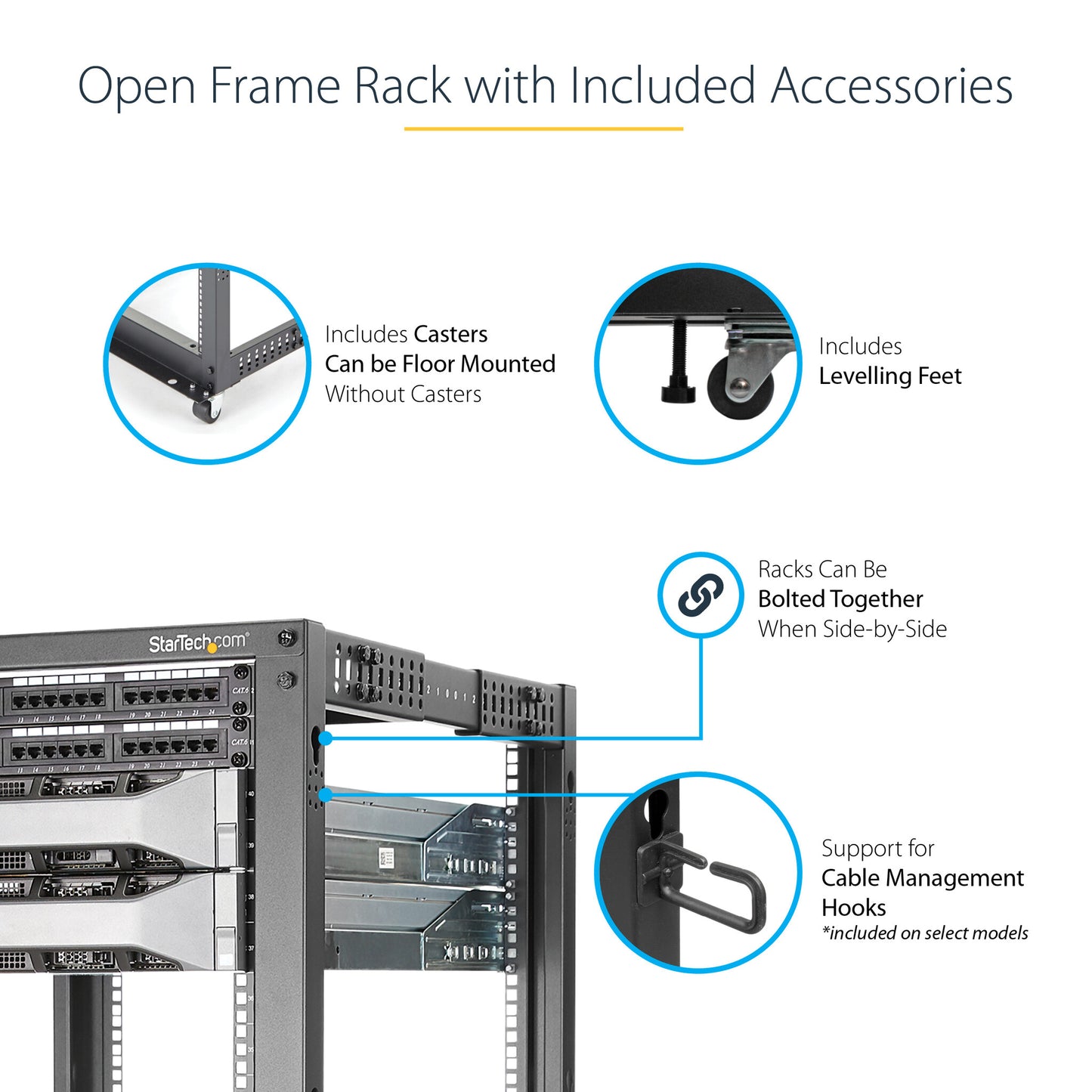 StarTech.com 4-Post 15U Mobile Open Frame Server Rack, Four Post 19" Network Rack with Wheels, Rolling Rack with Adjustable Depth for Computer/AV/Data/IT Equipment - Casters, Leveling Feet or Floor Mounting