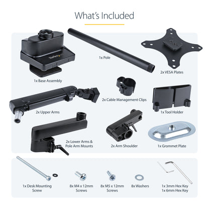 StarTech.com Desk Mount Dual Monitor Arm, Full Motion Monitor Mount for 2x VESA Displays up to 32" (17.6lb/8kg), Height Adjustable, Clamp/Grommet Mount, Mechanical Spring