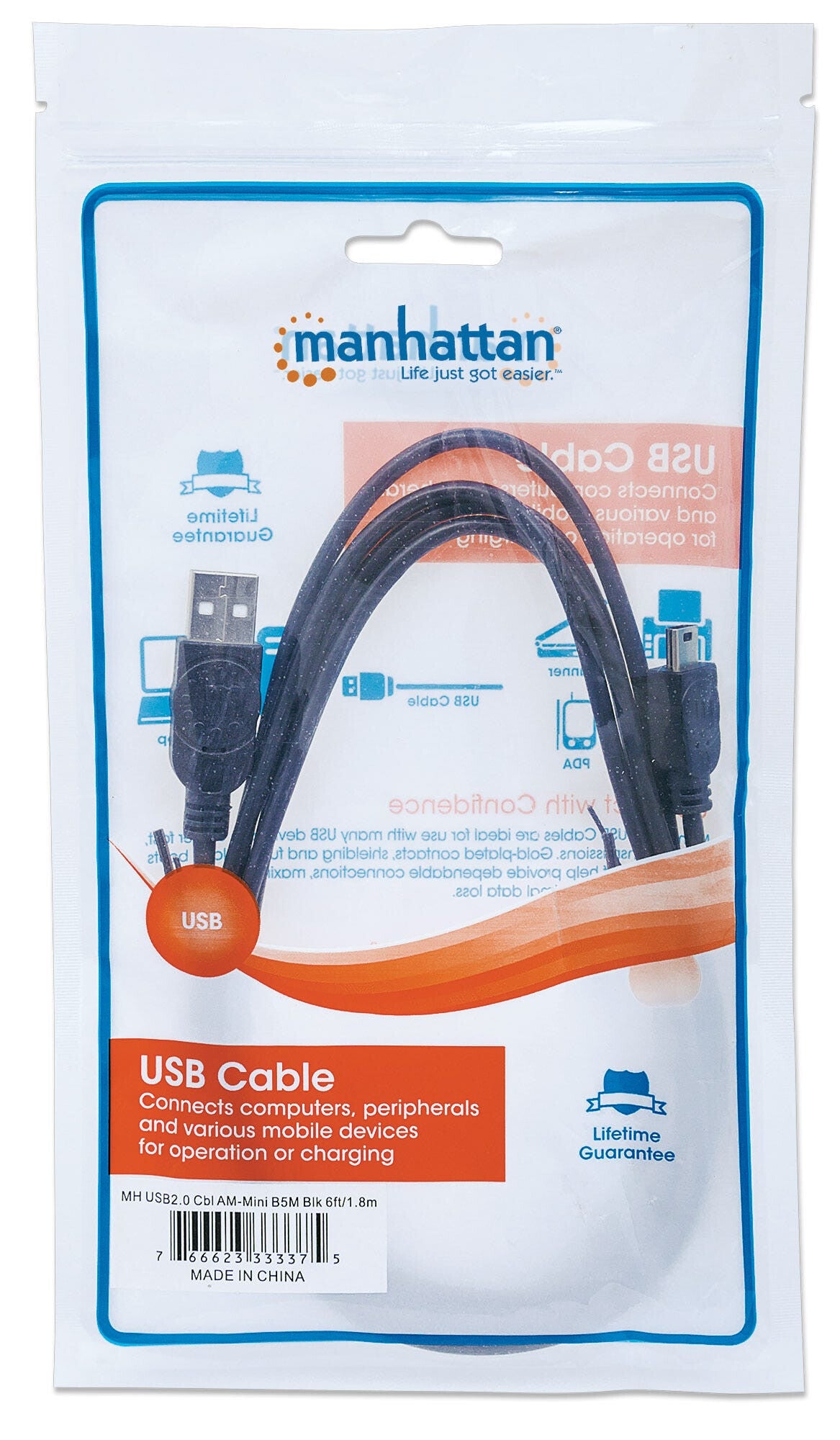 Manhattan USB-A to Mini-USB Cable, 1.8m, Male to Male, Black, 480 Mbps (USB 2.0), Equivalent to USB2HABM2M (except 20cm shorter), Hi-Speed USB, Lifetime Warranty, Polybag