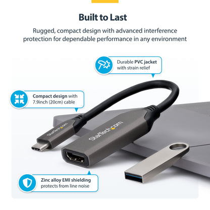 StarTech.com USB-C to HDMI Adapter, 8K 60Hz / 4K 120Hz, Thunderbolt / USB4 Compatible, USB C to HDMI 2.1 Converter, HDR10+, 7.9in (20cm) Cable