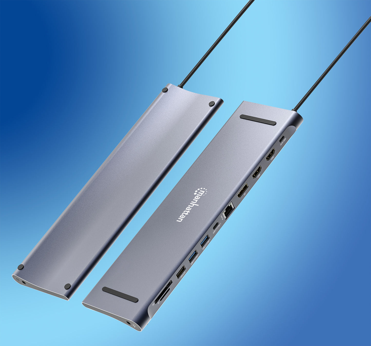 Manhattan USB-C Dock/Hub with Card Reader, Ports (x10): Audio 3.5mm, DisplayPort, Ethernet, HDMI (x2),USB-A (x3) and USB-C (x2),with PD 100W- requires external USB-C charger (not included). USB powered (no external power supply required) when PD is not in