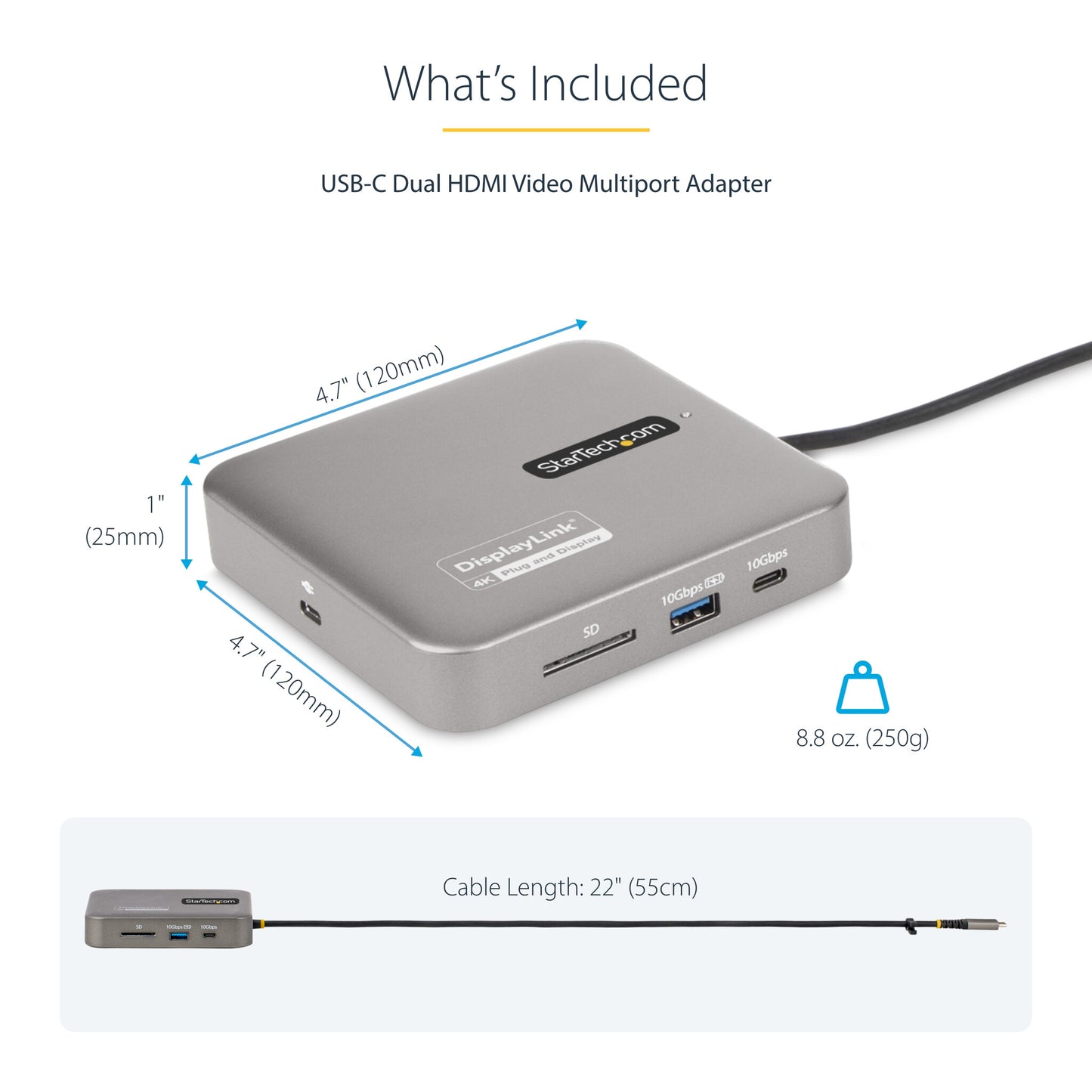 StarTech.com USB C Docking Station, Dual 4K 60Hz HDMI compatible with MacBook Pro (M1/M2/M3/M4) and Windows, USB-A/USB-C 10Gbps Hub, 100W Power Delivery, GbE, SD, 22in/56cm Cable