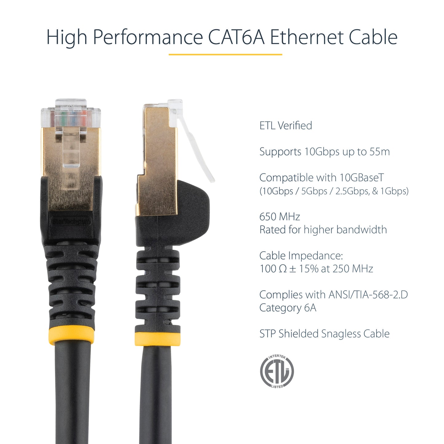 StarTech.com 7,5m CAT6a Ethernet Cable - 10 Gigabit Shielded Snagless RJ45 100W PoE Patch Cord - 10GbE STP Network Cable w/Strain Relief - Black Individually Tested/Wiring is UL Certified/TIA