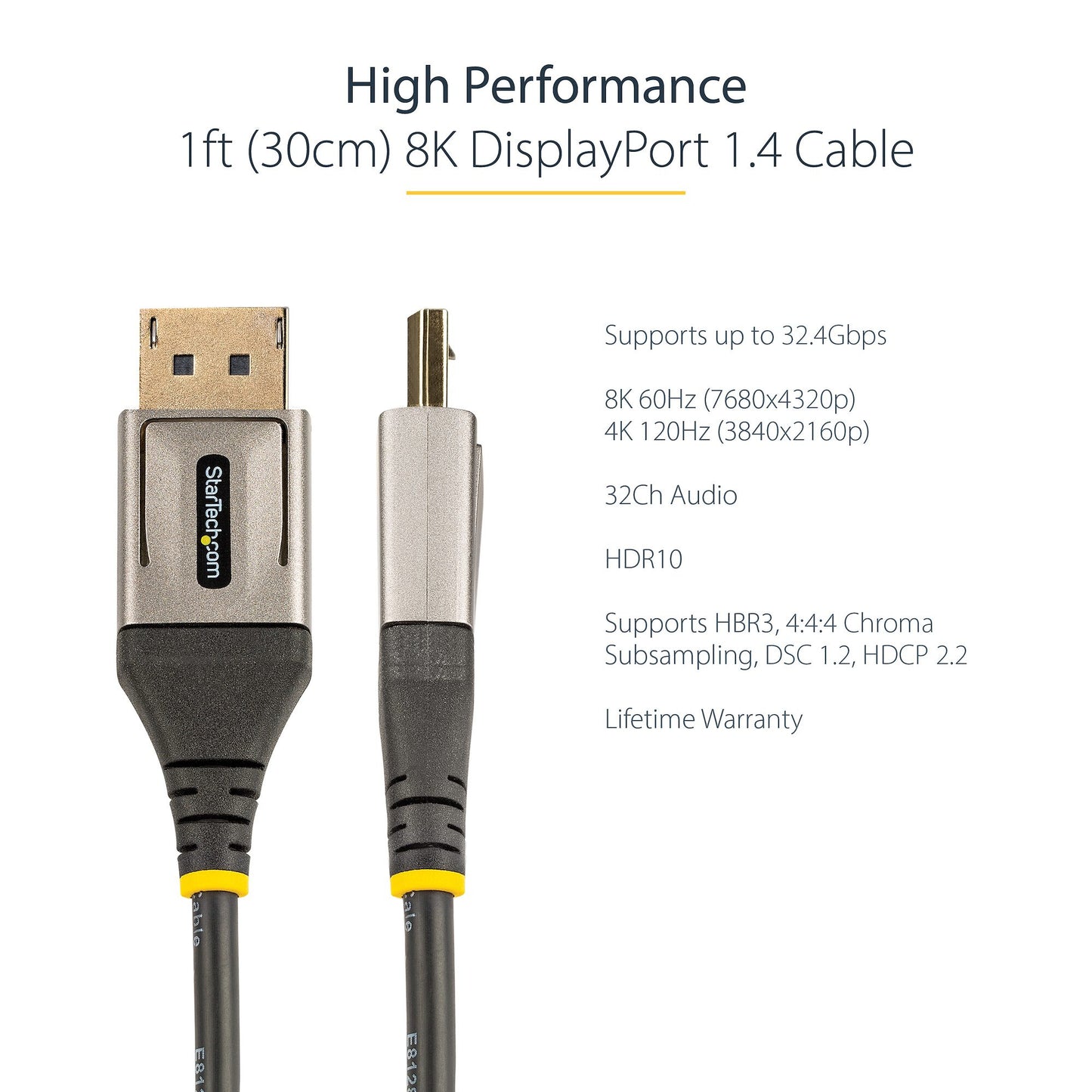 StarTech.com 1ft (30cm) DisplayPort 1.4 Cable - 8K 60Hz HDR10 - Ultra HD 4K 120Hz Video - DP 1.4 Cable / Cord - For Monitors/Displays - DisplayPort to DisplayPort Cable - M/M