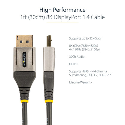 StarTech.com 1ft (30cm) DisplayPort 1.4 Cable - 8K 60Hz HDR10 - Ultra HD 4K 120Hz Video - DP 1.4 Cable / Cord - For Monitors/Displays - DisplayPort to DisplayPort Cable - M/M