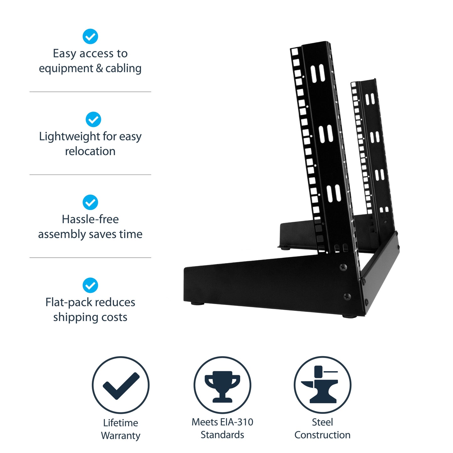 StarTech.com 2-Post 8U Desktop Server Rack, Small Open Frame 19in Computer Rack, Compact Network Rack for AV / Studio / Data / IT Equipment - Free Standing Two-Post Home/Office Rack