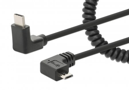 Manhattan USB-C to Micro-USB Cable, 1m, Male to Male, Black, 480 Mbps (USB 2.0), Tangle Resistant Curly Design, Angled Connectors, Ideal for Charging Cabinets/Carts, Hi-Speed USB, Lifetime Warranty, Polybag