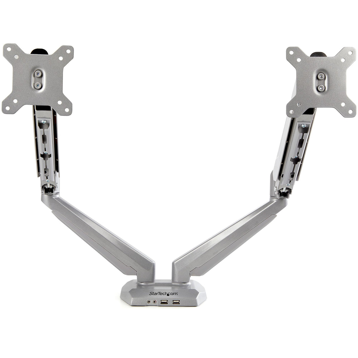 StarTech.com Desk Mount Dual Monitor Arm with USB & Audio, Desk Clamp VESA Mount for up to 32" (17.6lb/8kg) Displays, Ergonomic Full Motion Dual Monitor Arm - Silver