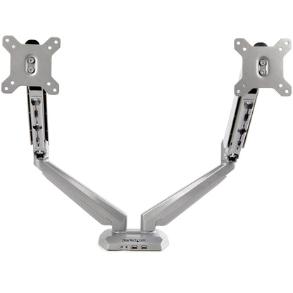 StarTech.com Desk Mount Dual Monitor Arm with USB & Audio, Desk Clamp VESA Mount for up to 32" (17.6lb/8kg) Displays, Ergonomic Full Motion Dual Monitor Arm - Silver
