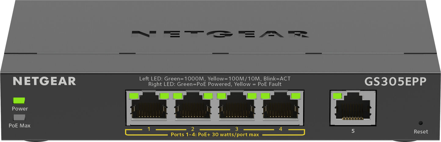 NETGEAR 5-Port Gigabit Ethernet High-Power PoE+ Plus Switch (GS305EPP) Managed L2/L3 Gigabit Ethernet (10/100/1000) Power over Ethernet (PoE) Black