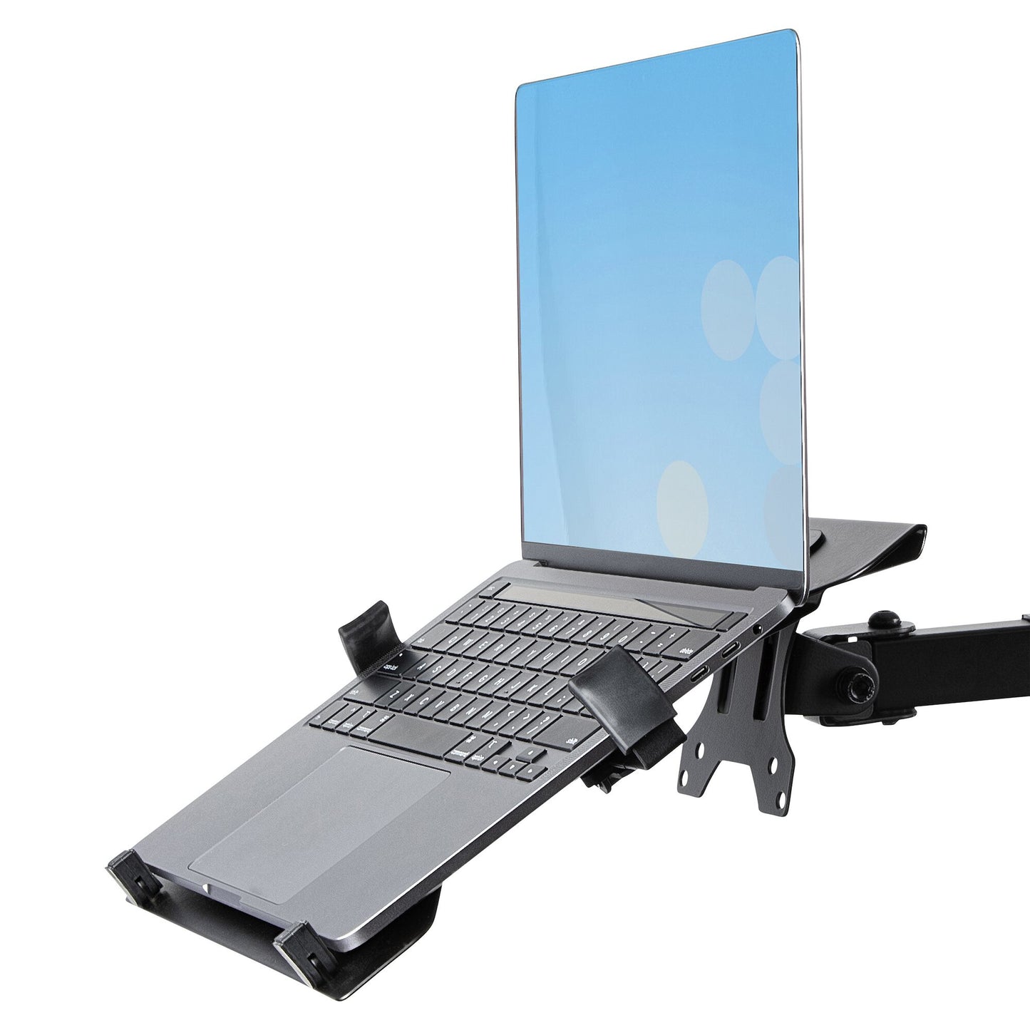 StarTech.com Monitor Arm with VESA Laptop Tray, For a Laptop (4.5kg/9.9lb) and a Single Display up to 32" (8kg/17.6lb), Black, Vented Tray, Adjustable Laptop Arm Mount, C-clamp/Grommet Mount